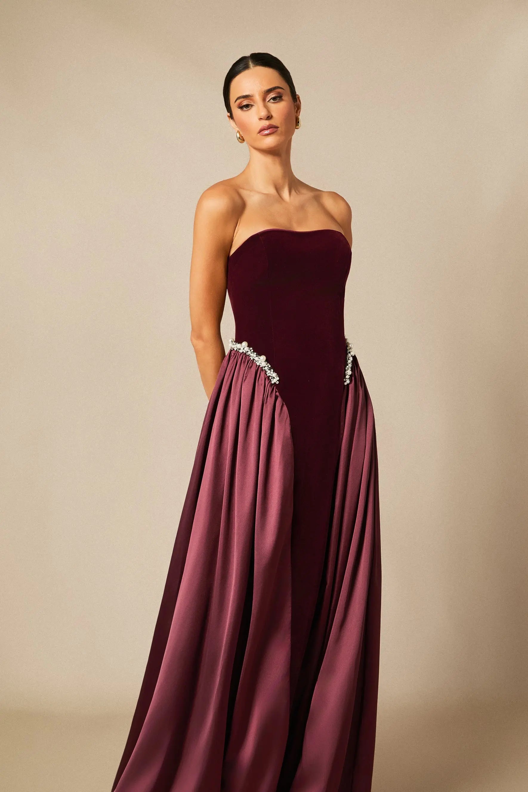 samantha burgundy Pearls Embroidered strapless maxi Dress Avalabel