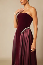 samantha burgundy Pearls Embroidered strapless maxi Dress Avalabel
