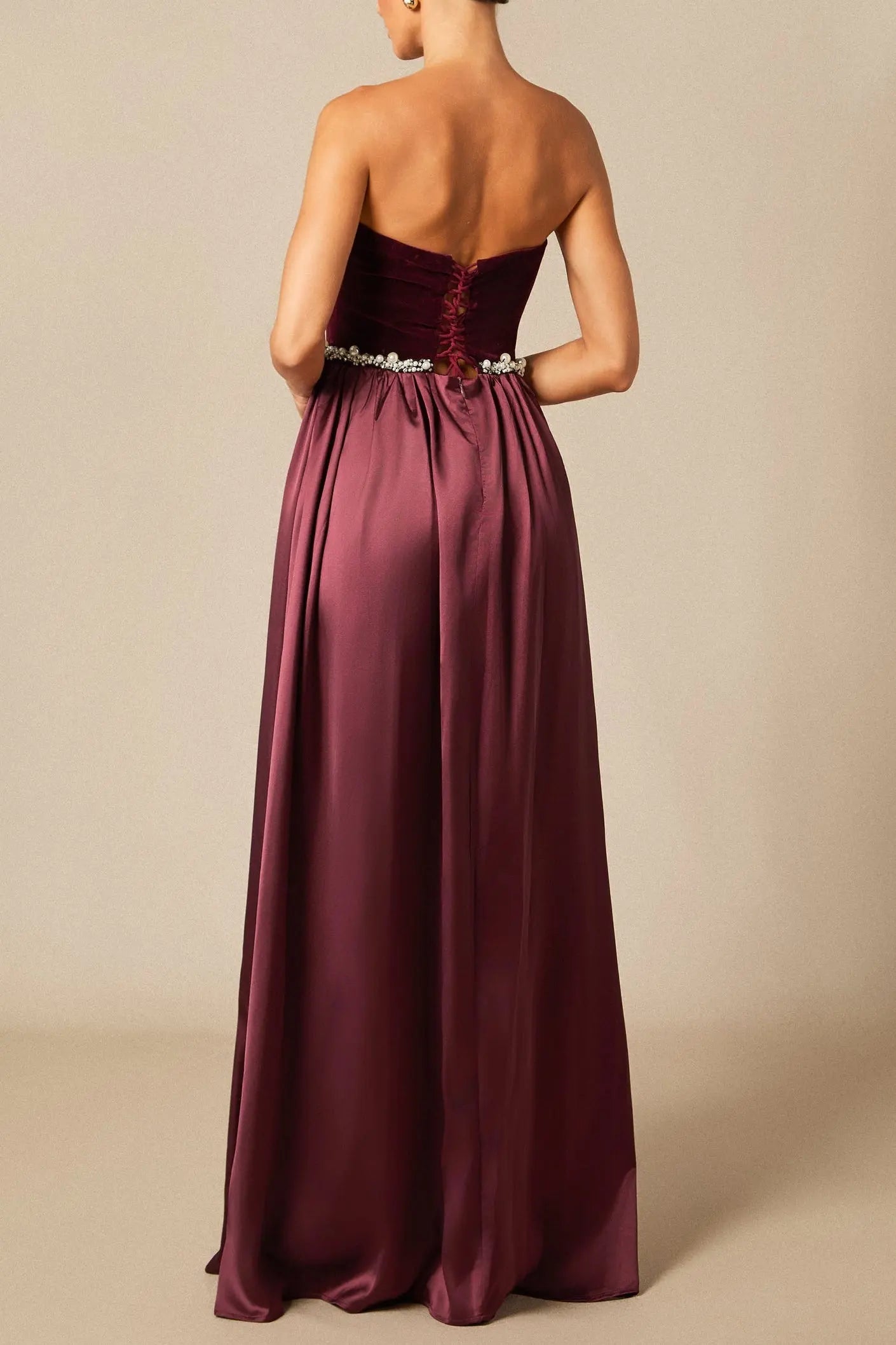 samantha burgundy Pearls Embroidered strapless maxi Dress Avalabel