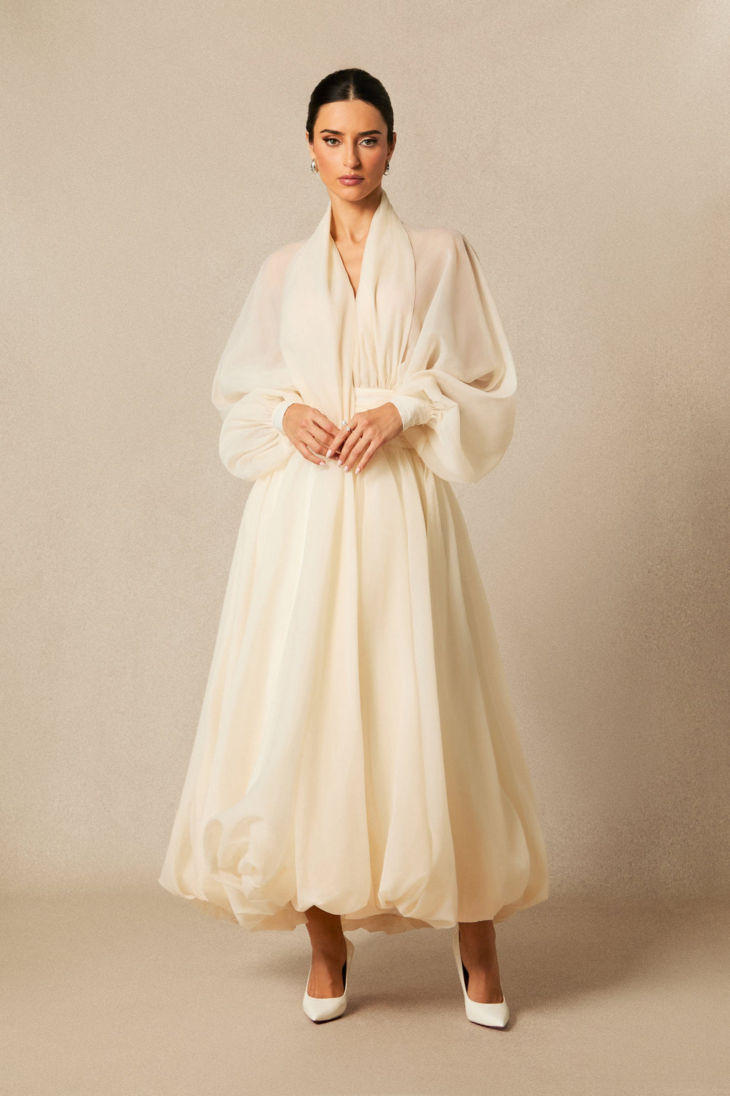 Lilly Deep V Neck Puff Sleeve Maxi Dress Avalabel
