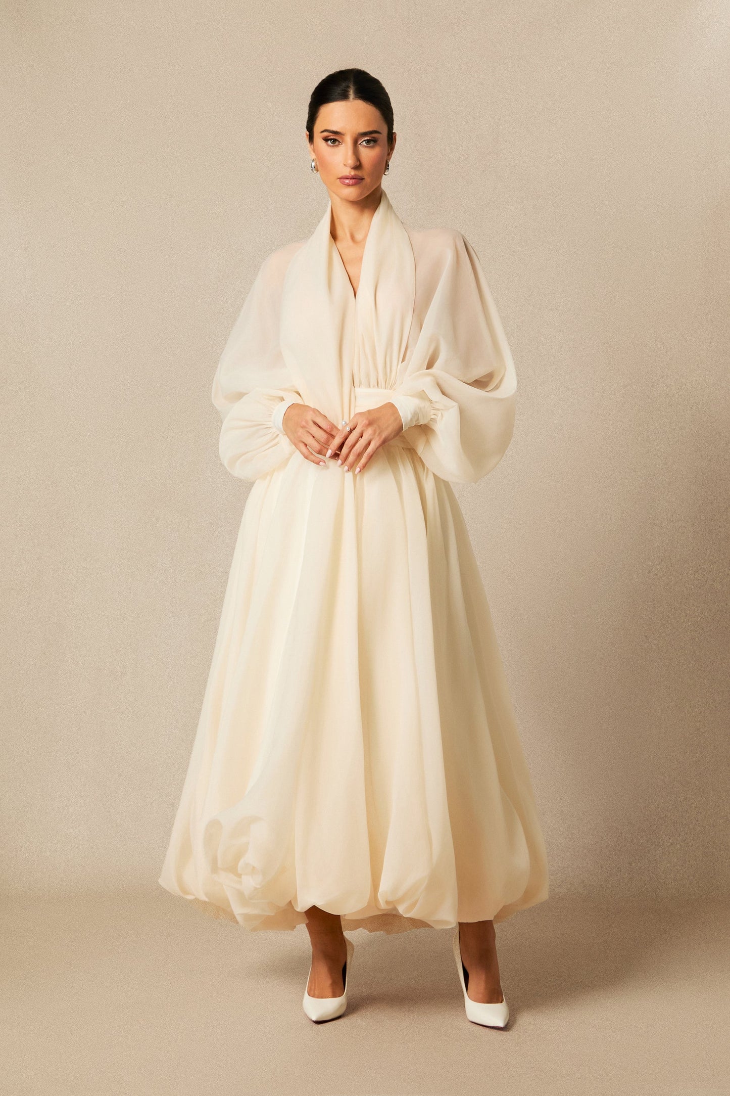 Lilly Deep V Neck Puff Sleeve Maxi Dress