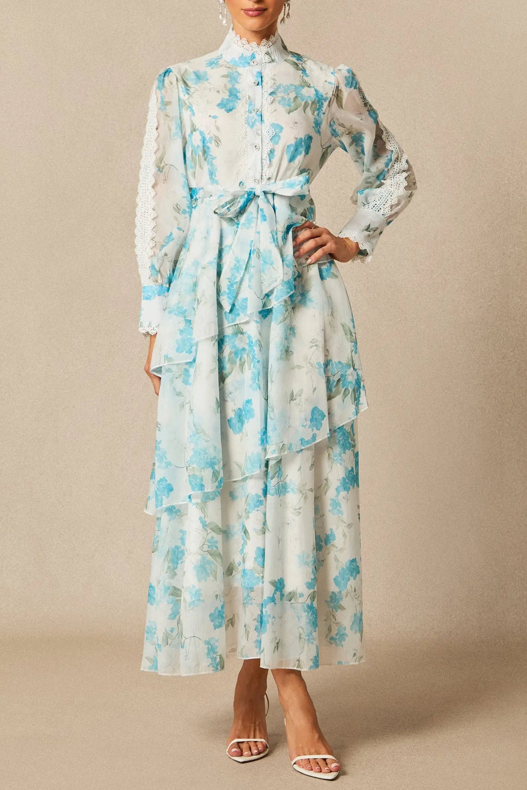 nina blue Chiffon lace trim stand-collar dress with layered ruffles Avalabel