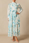 nina blue Chiffon lace trim stand-collar dress with layered ruffles Avalabel