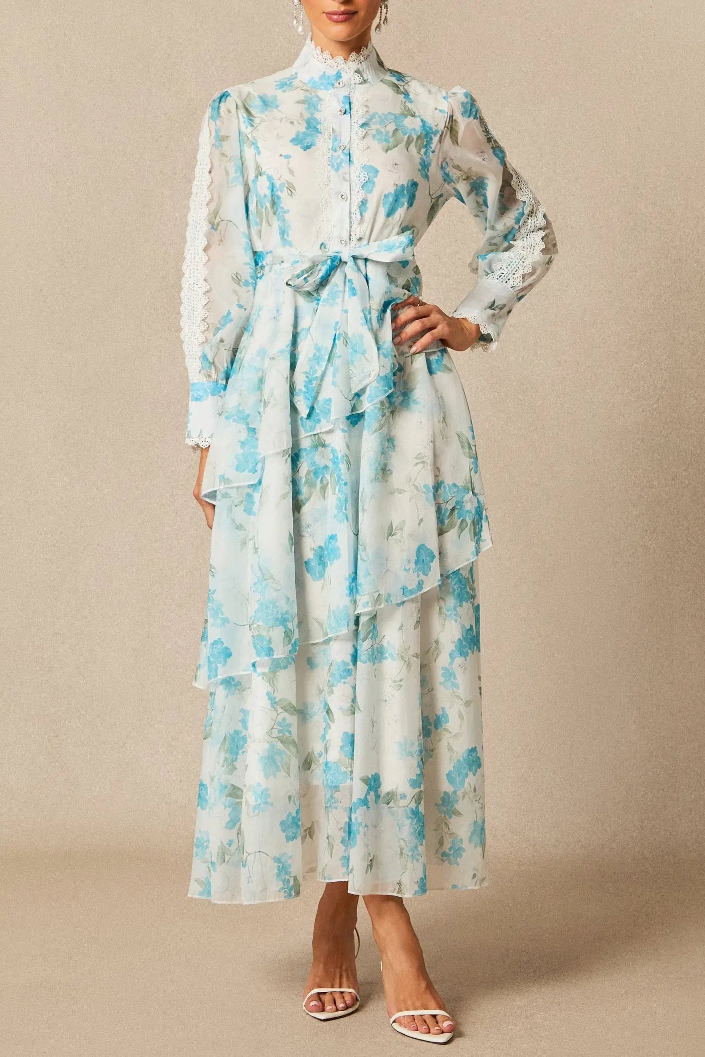 nina blue Chiffon lace trim stand-collar dress with layered ruffles Avalabel