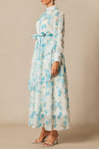 nina blue Chiffon lace trim stand-collar dress with layered ruffles Avalabel