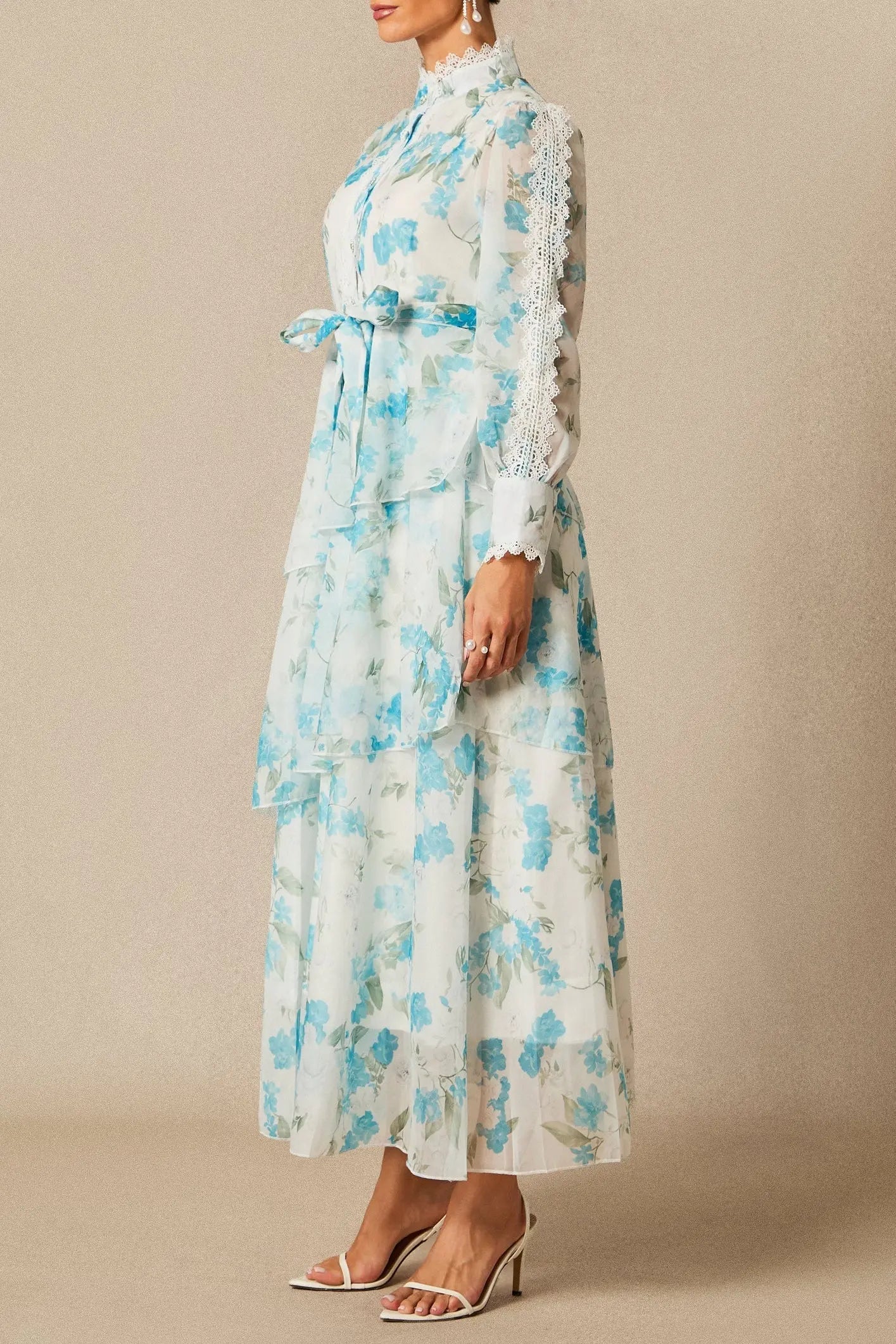 nina blue Chiffon lace trim stand-collar dress with layered ruffles Avalabel