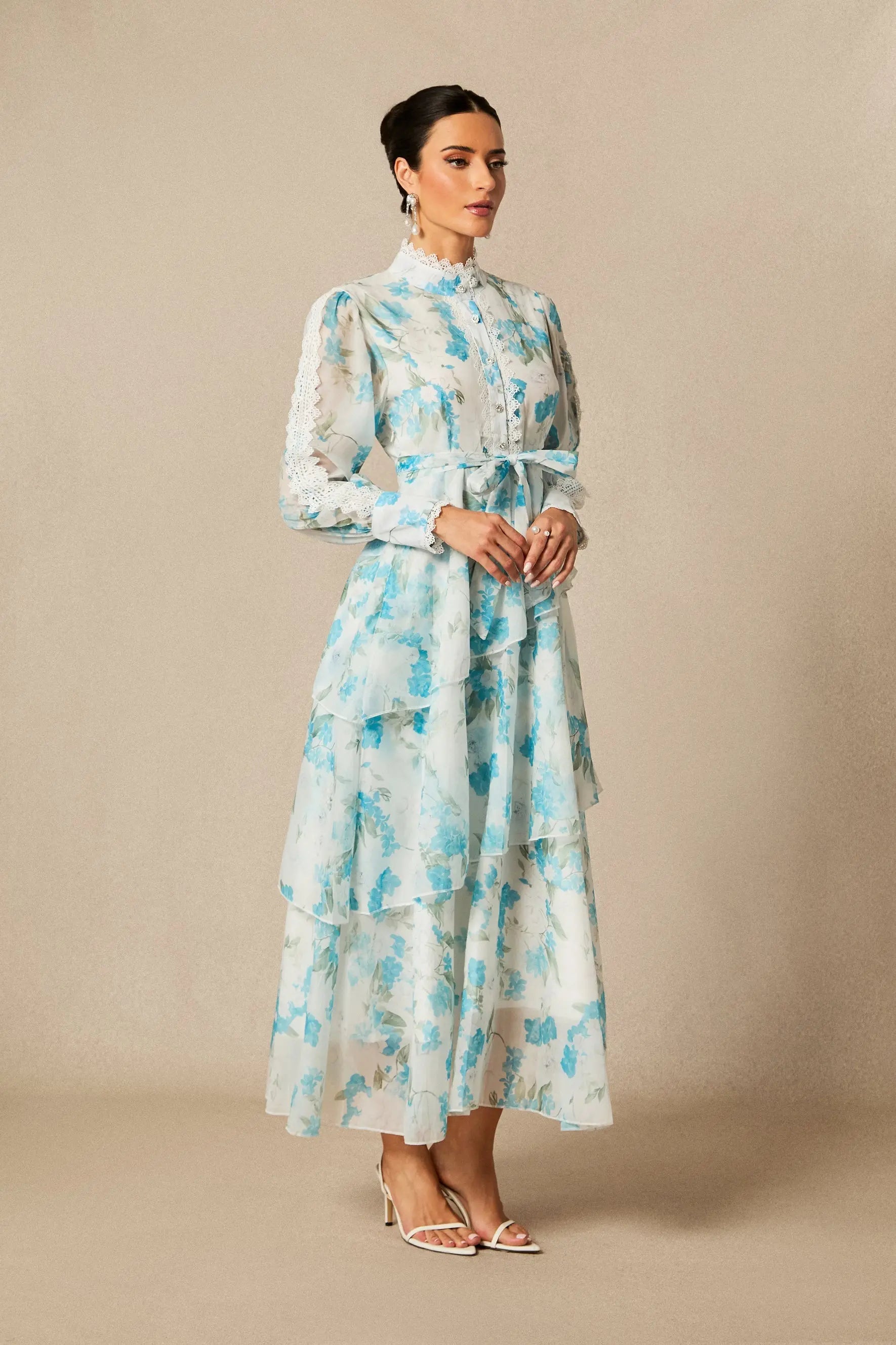 nina blue Chiffon lace trim stand-collar dress with layered ruffles Avalabel