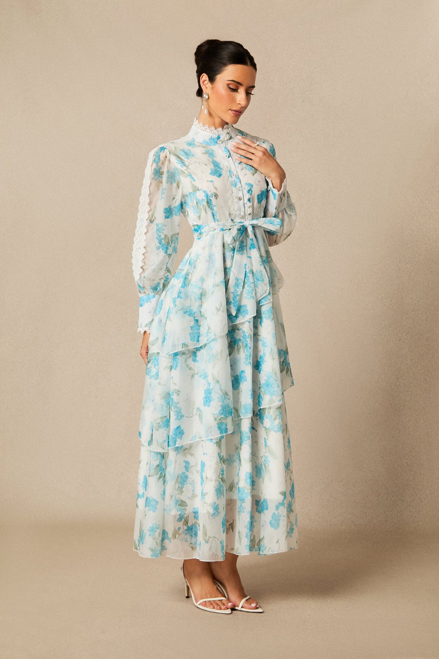 nina blue Chiffon lace trim stand-collar dress with layered ruffles