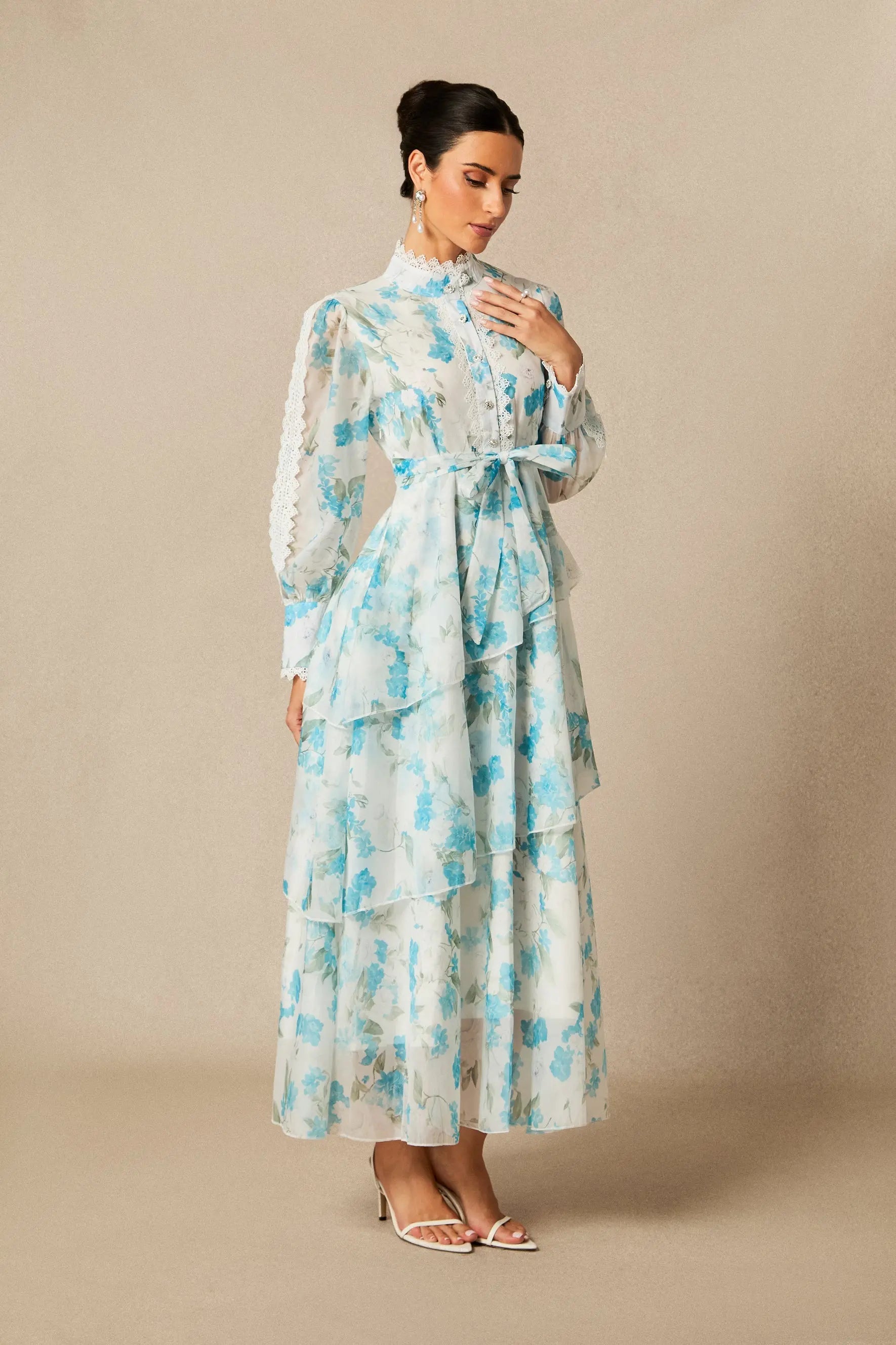 nina blue Chiffon lace trim stand-collar dress with layered ruffles Avalabel