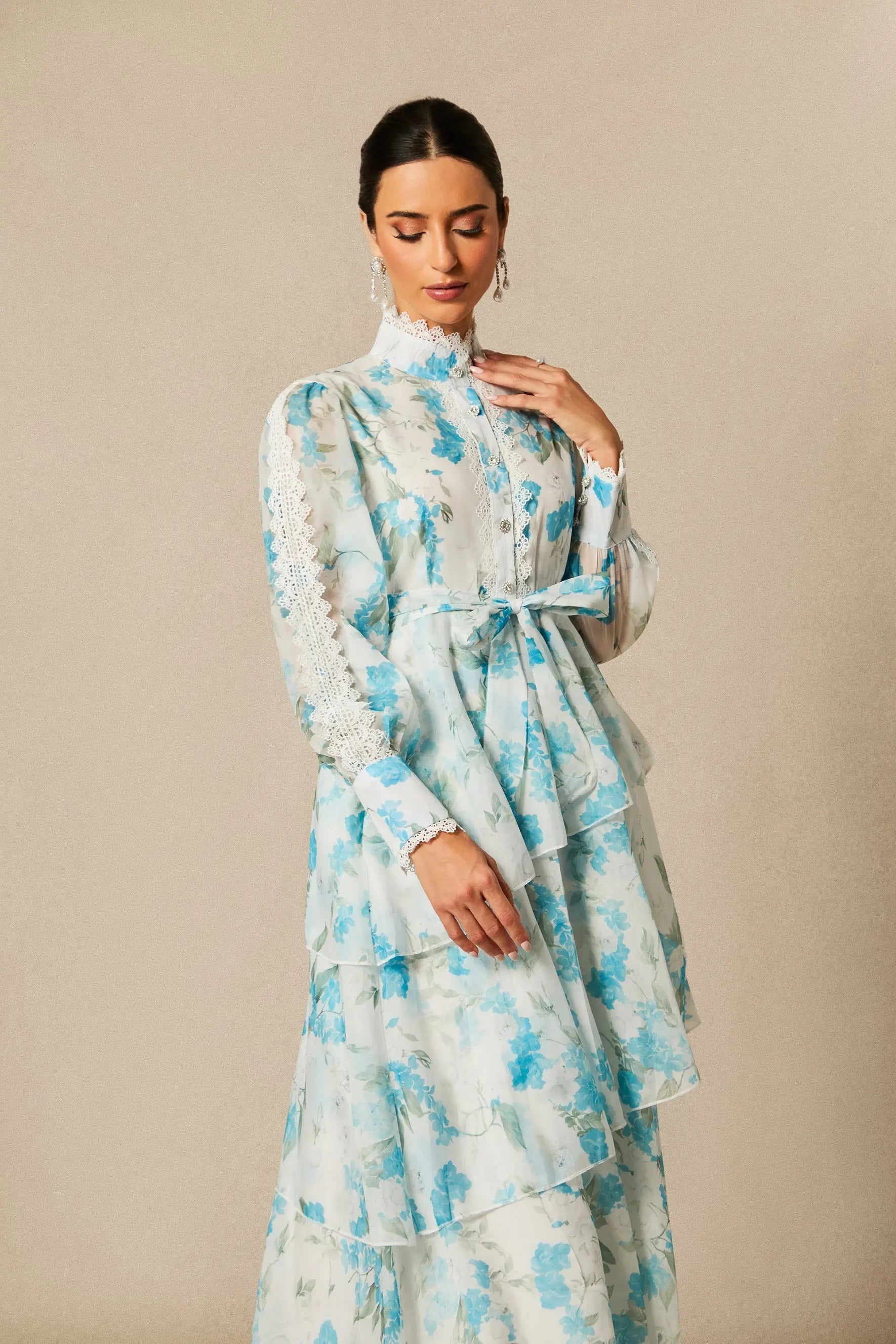 nina blue Chiffon lace trim stand-collar dress with layered ruffles Avalabel