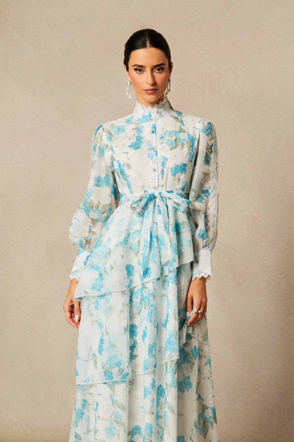 nina blue Chiffon lace trim stand-collar dress with layered ruffles Avalabel