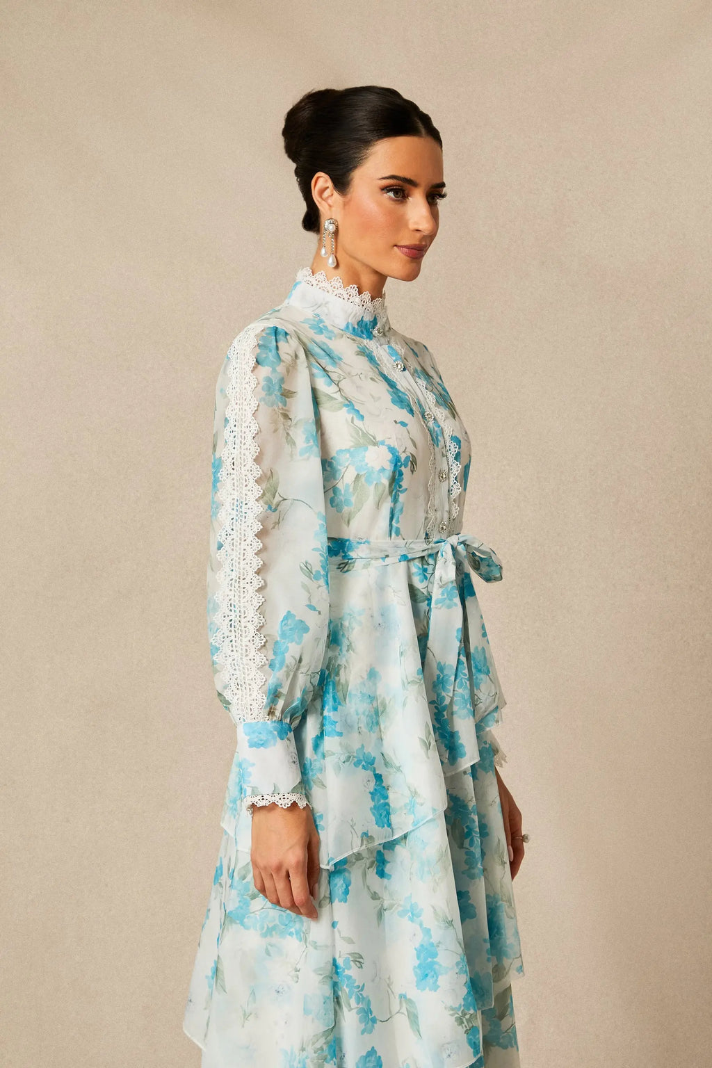 nina blue Chiffon lace trim stand-collar dress with layered ruffles Avalabel