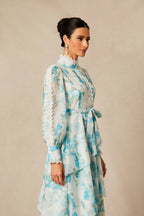 nina blue Chiffon lace trim stand-collar dress with layered ruffles Avalabel