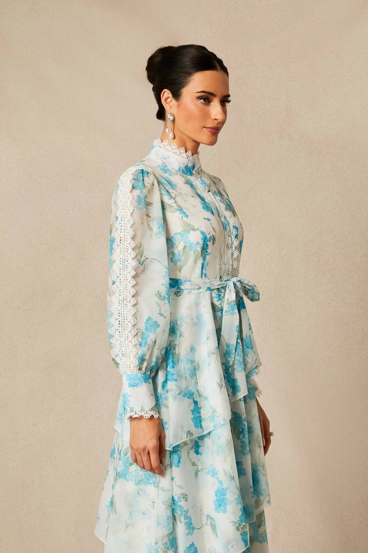 nina blue Chiffon lace trim stand-collar dress with layered ruffles Avalabel