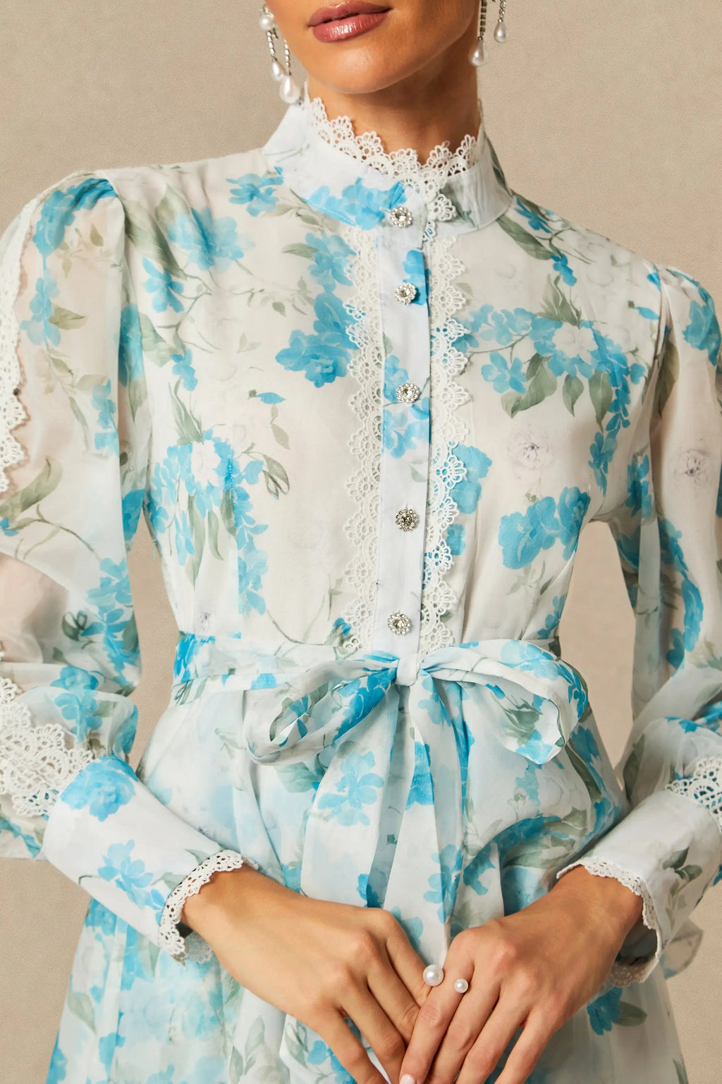nina blue Chiffon lace trim stand-collar dress with layered ruffles Avalabel
