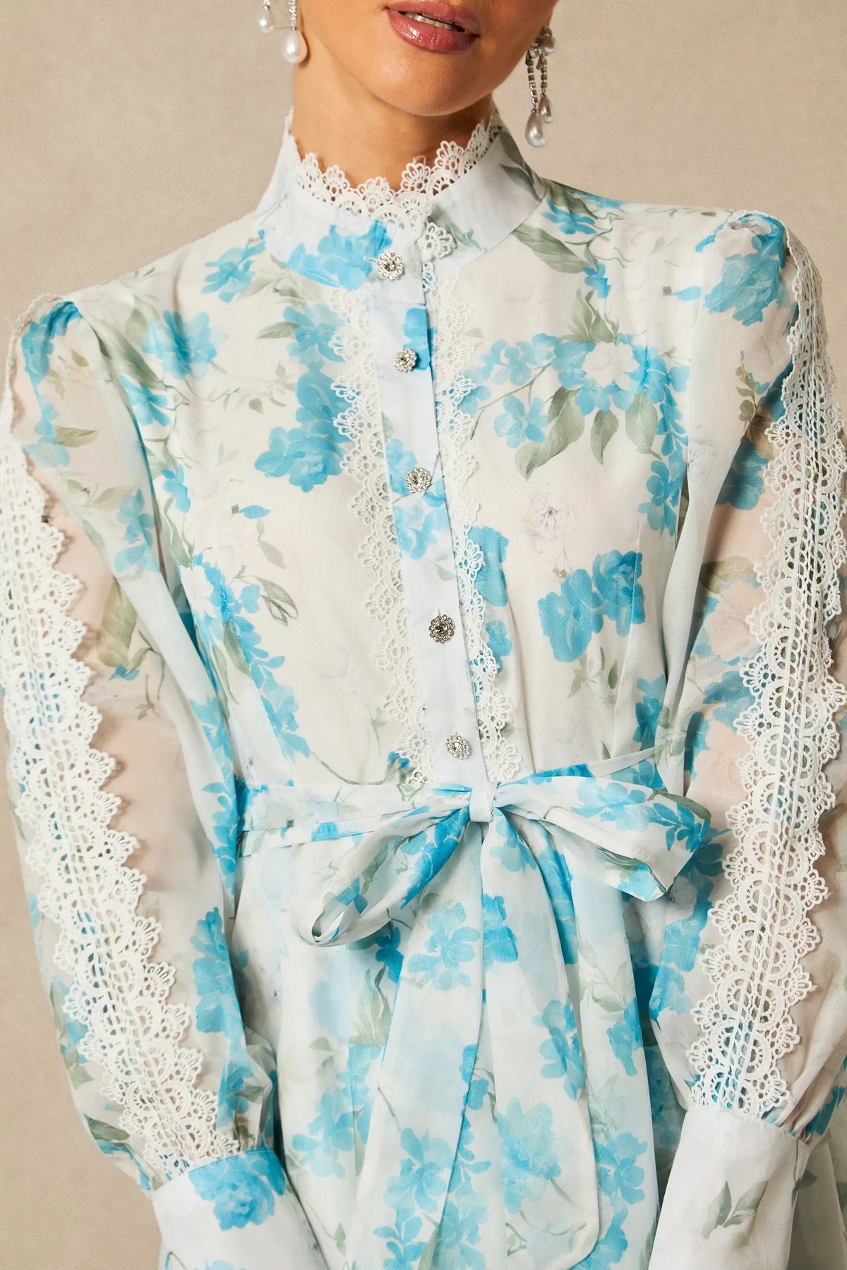 nina blue Chiffon lace trim stand-collar dress with layered ruffles Avalabel
