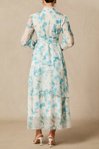 nina blue Chiffon lace trim stand-collar dress with layered ruffles Avalabel