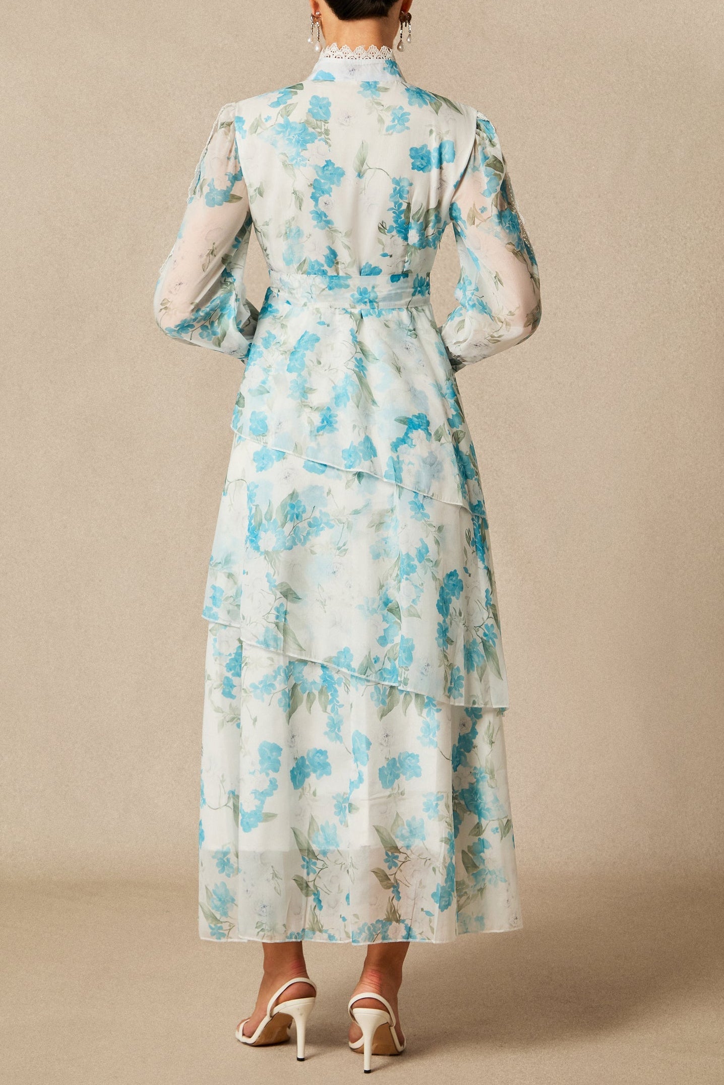 nina blue Chiffon lace trim stand-collar dress with layered ruffles