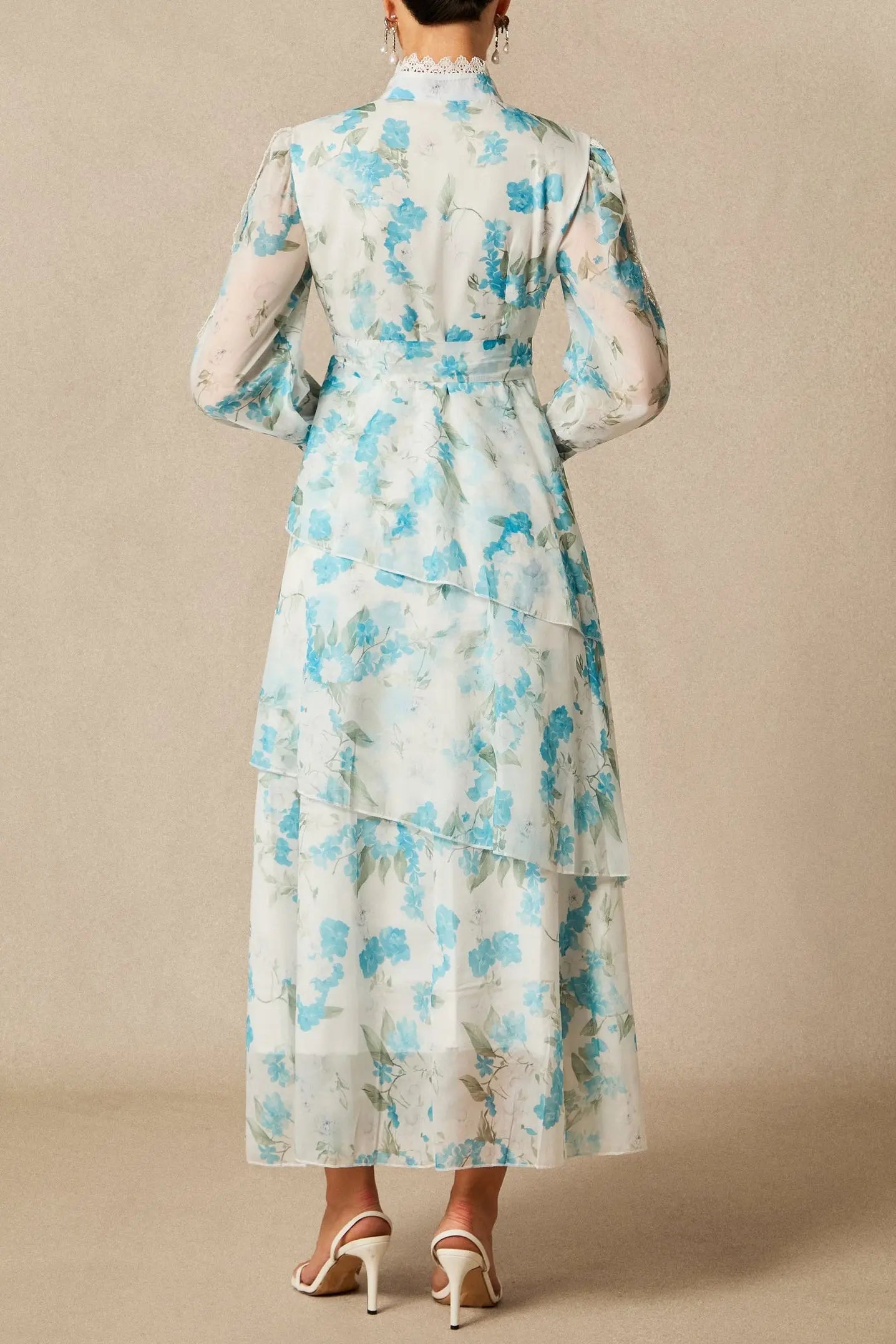 nina blue Chiffon lace trim stand-collar dress with layered ruffles Avalabel