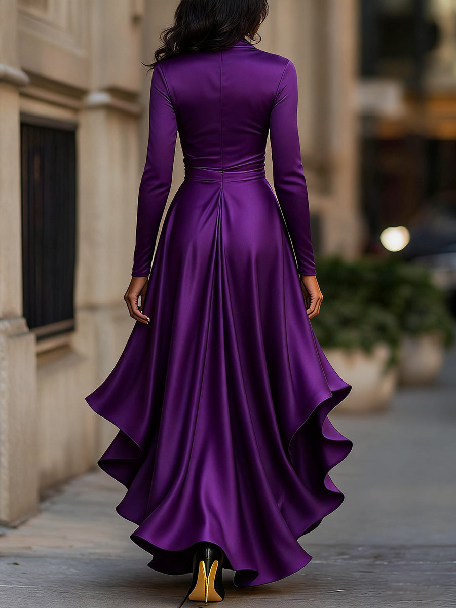 Midnight Blue Draped Satin Maxi Dress With Ruffle Details Avalabel