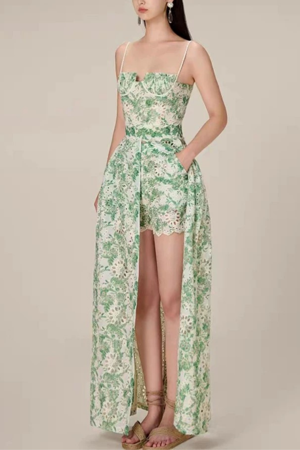 Margaux Green Floral Embroidered Halter Dress Avalabel