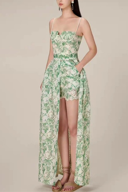 Margaux Green Floral Embroidered Halter Dress