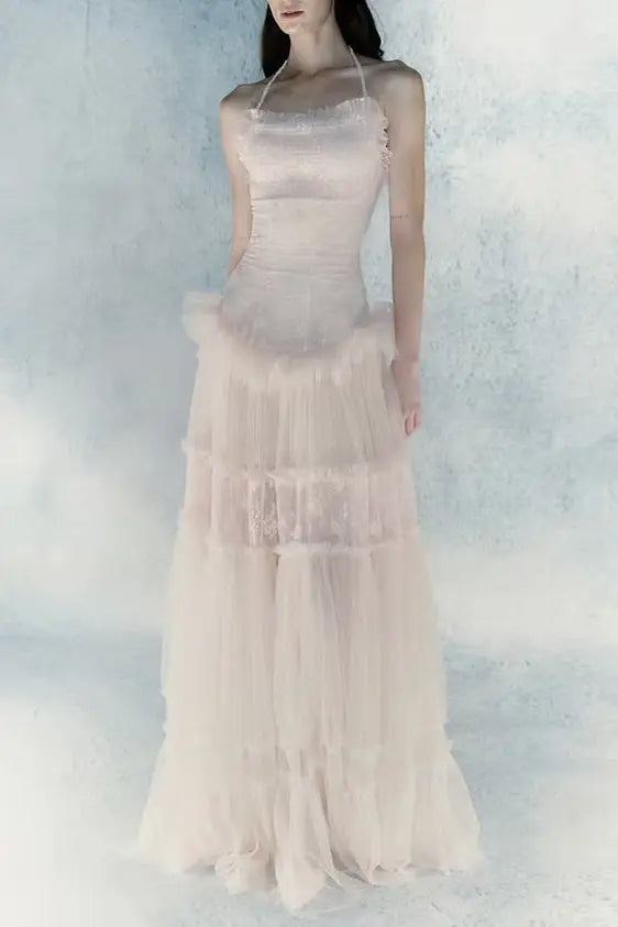 Hermosa Lace Splicing Layer Maxi Dress in Pink Avalabel