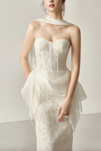 Rae White Lace Corset Midi Satin Sash Dress with Flowy Sash - Avalabel