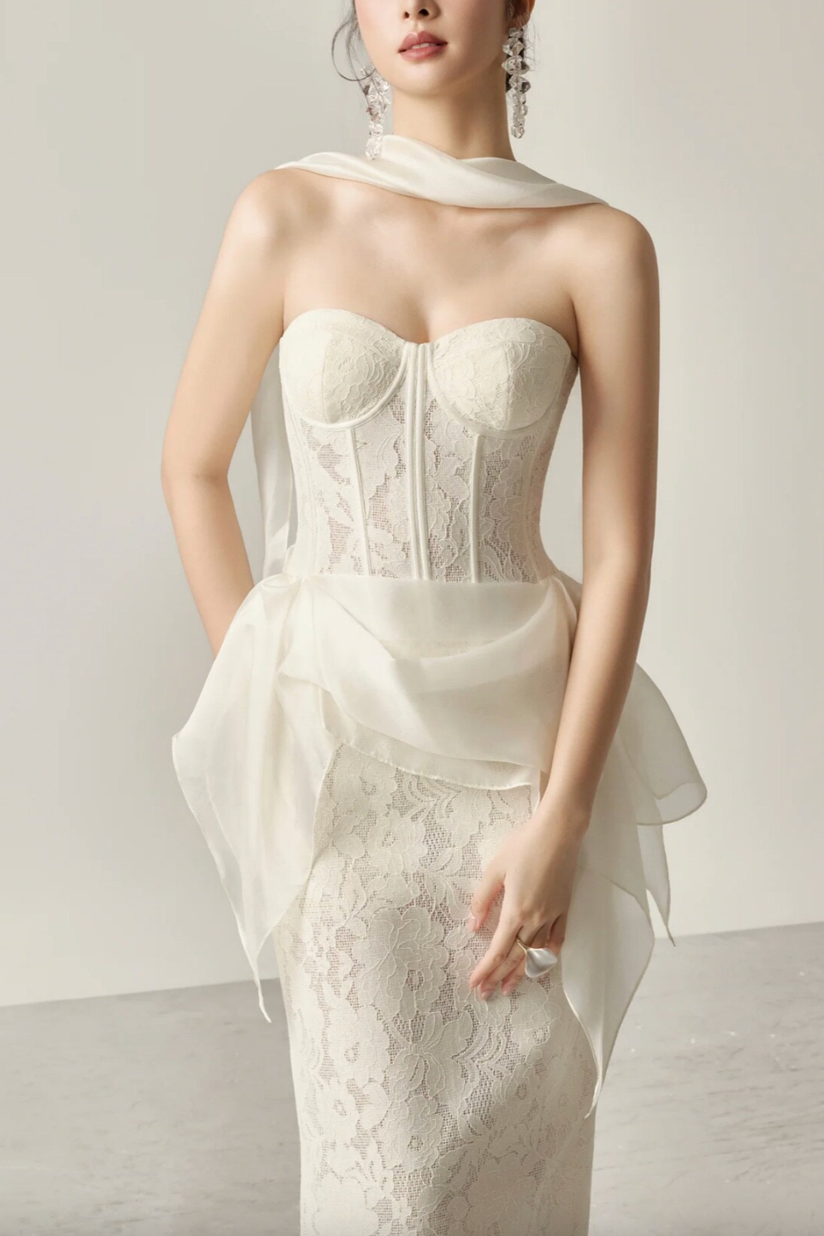 Rae White Lace Corset Midi Satin Sash Dress with Flowy Sash - Avalabel