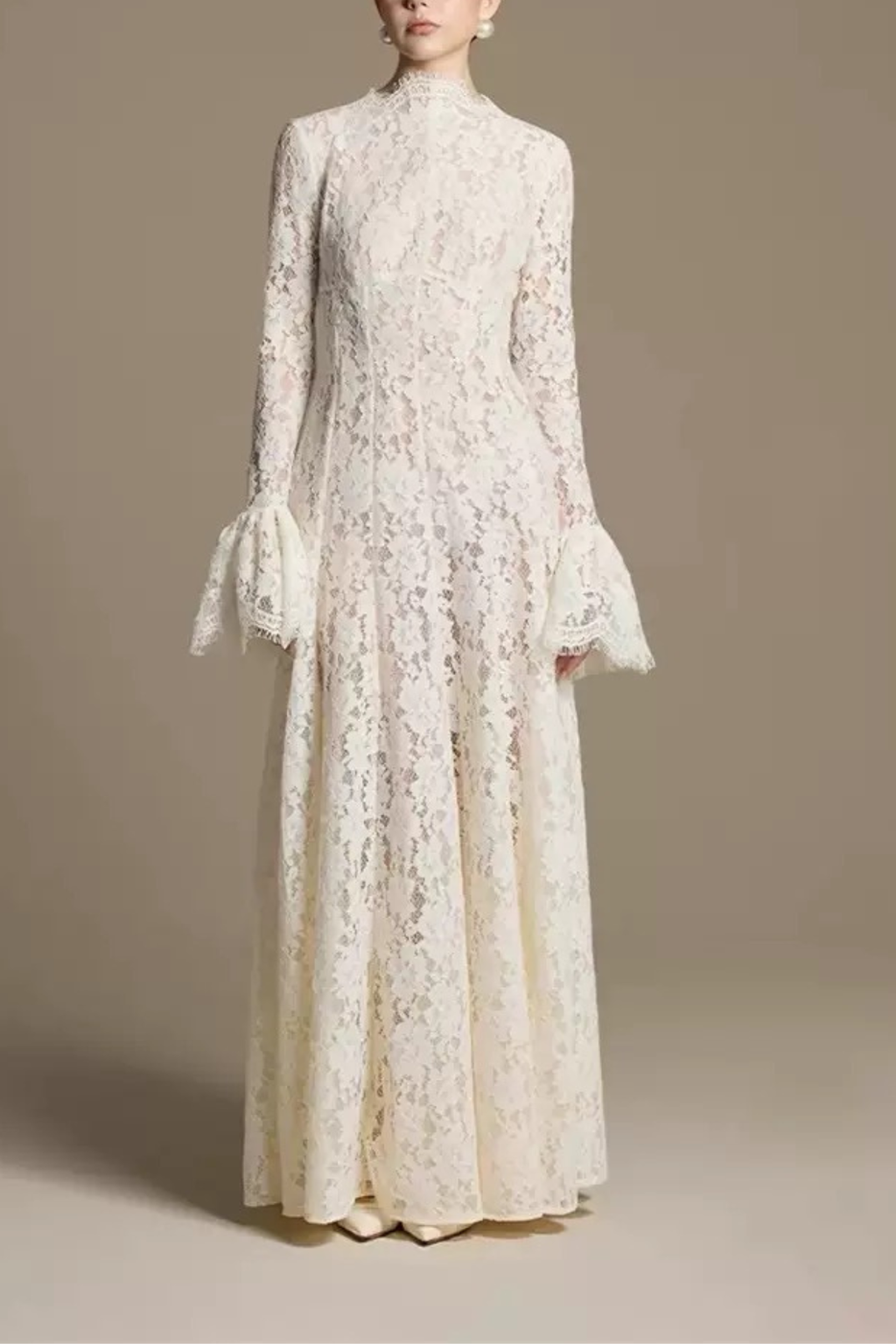 Joyce Vintage Lace High Neck Flare Sleeve Dress Avalabel