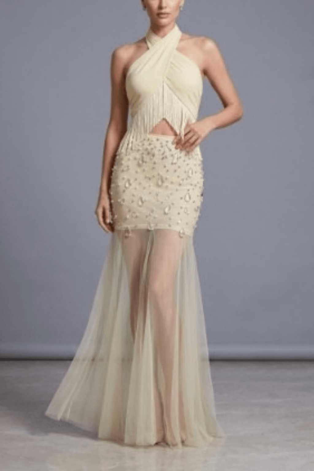 Fiona Halter Fringe Beaded Mesh Maxi Dress Avalabel