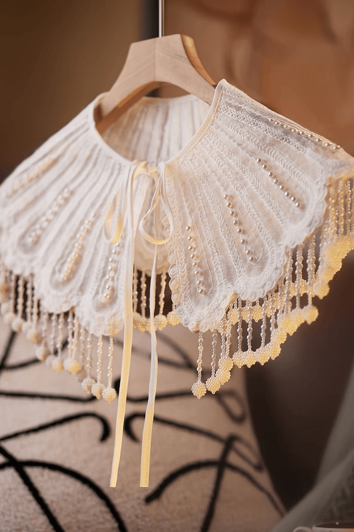 White Lace Pearl Tassel Cape Shawl Avalabel