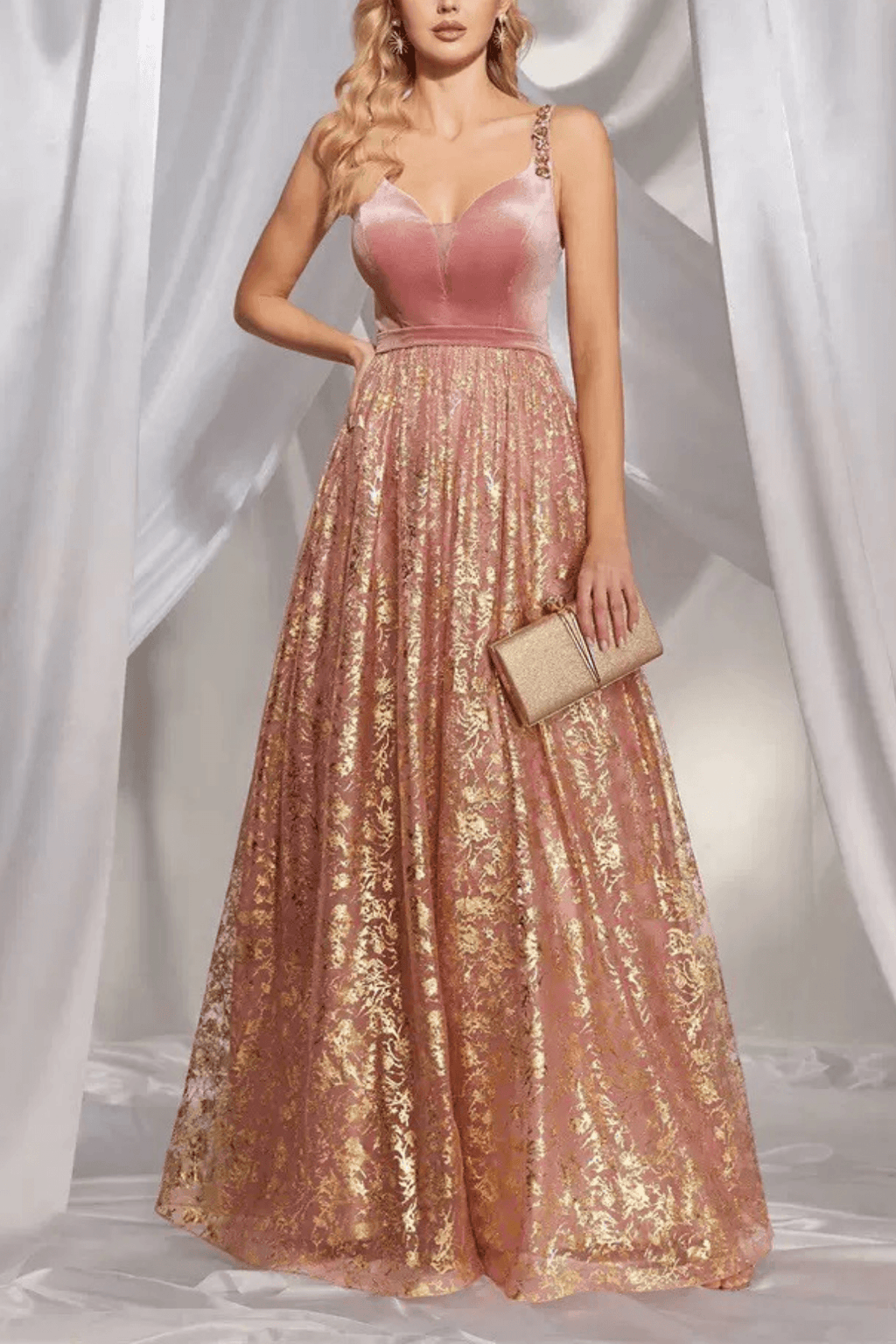 Avery Pink Gold Floral Jacquard Bustier A Line Maxi Dress Avalabel