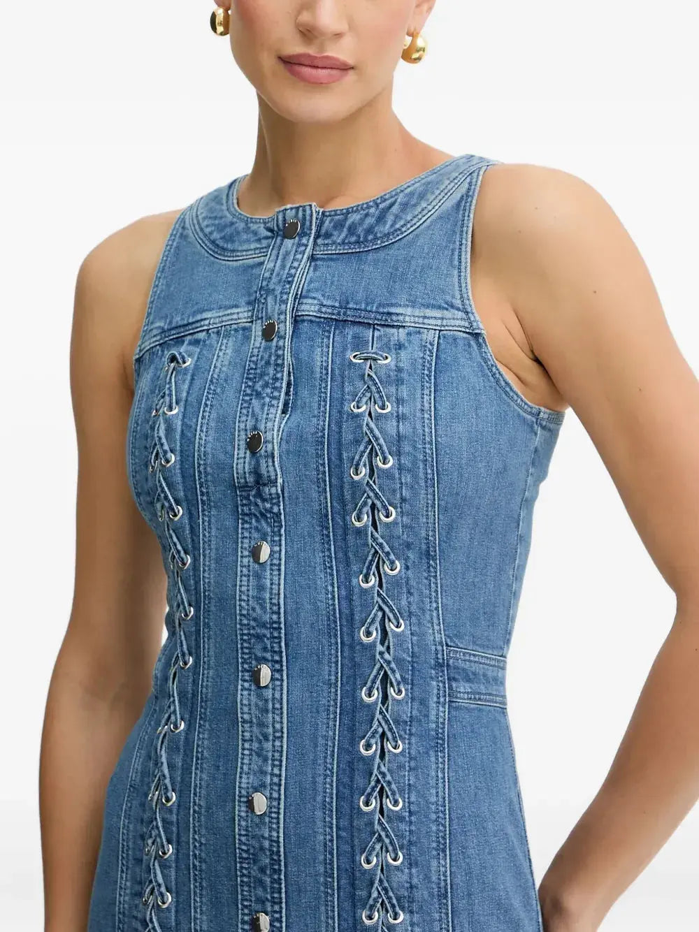 selena buttoned lace-up sleeveless mini dress in navy blue Avalabel