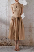 emily v-neck Pleated midi dress in khaki Avalabel
