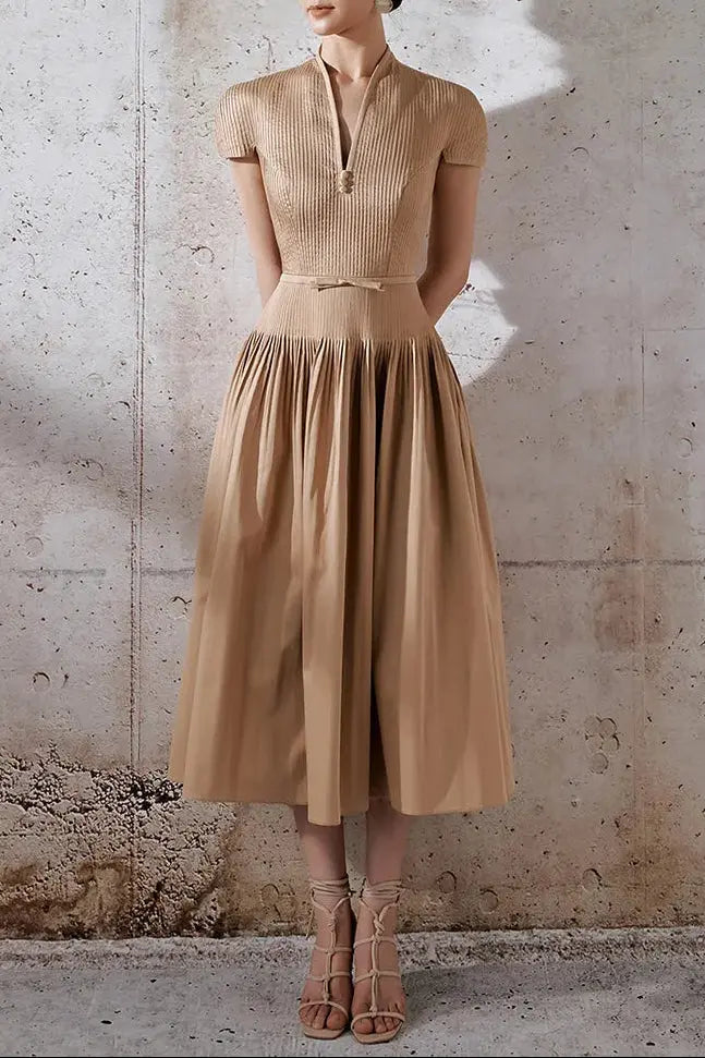 emily v-neck Pleated midi dress in khaki Avalabel