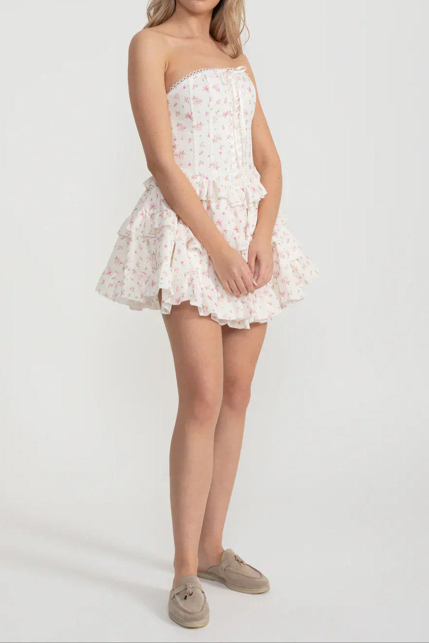 Martha Ruffle Printed Strapless Mini Dress in Pink Avalabel