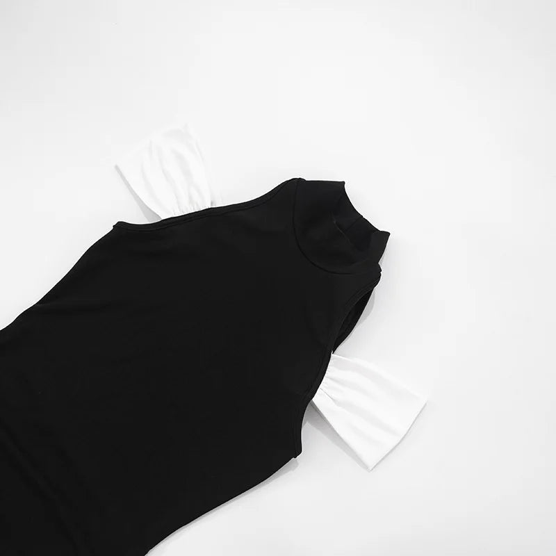 Black-White Panel Sleeveless Gathered Halter Mini Dress Avalabel