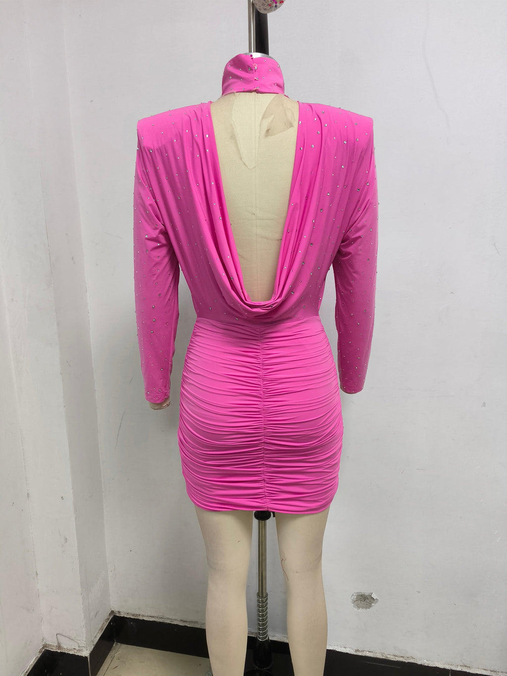 Crystal Embellished Ruched Bodycon Mini Dress in Pink Avalabel