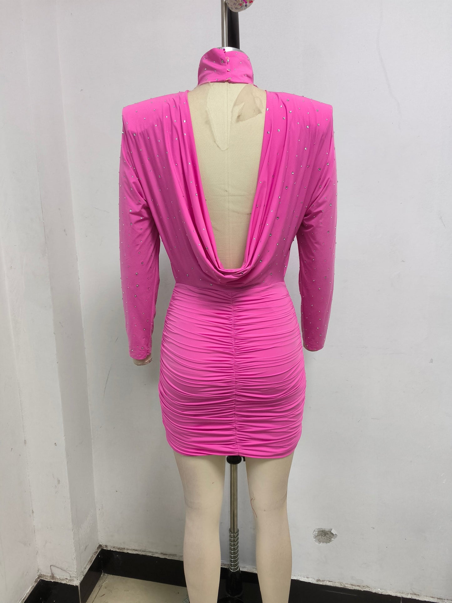 Crystal Embellished Ruched Bodycon Mini Dress in Pink
