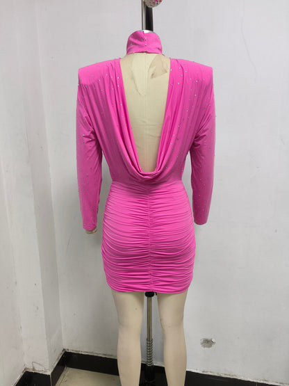 Crystal Embellished Ruched Bodycon Mini Dress in Pink