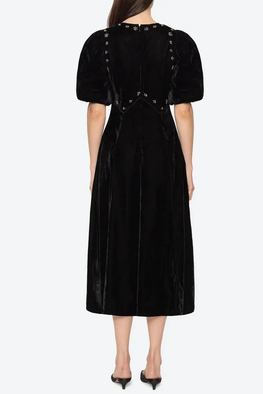 vicky black rhinestone embellished velvet puff sleeve maxi dress Avalabel