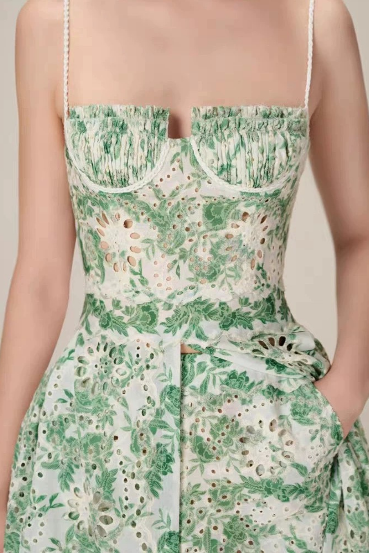 Margaux Green Floral Embroidered Halter Dress Avalabel