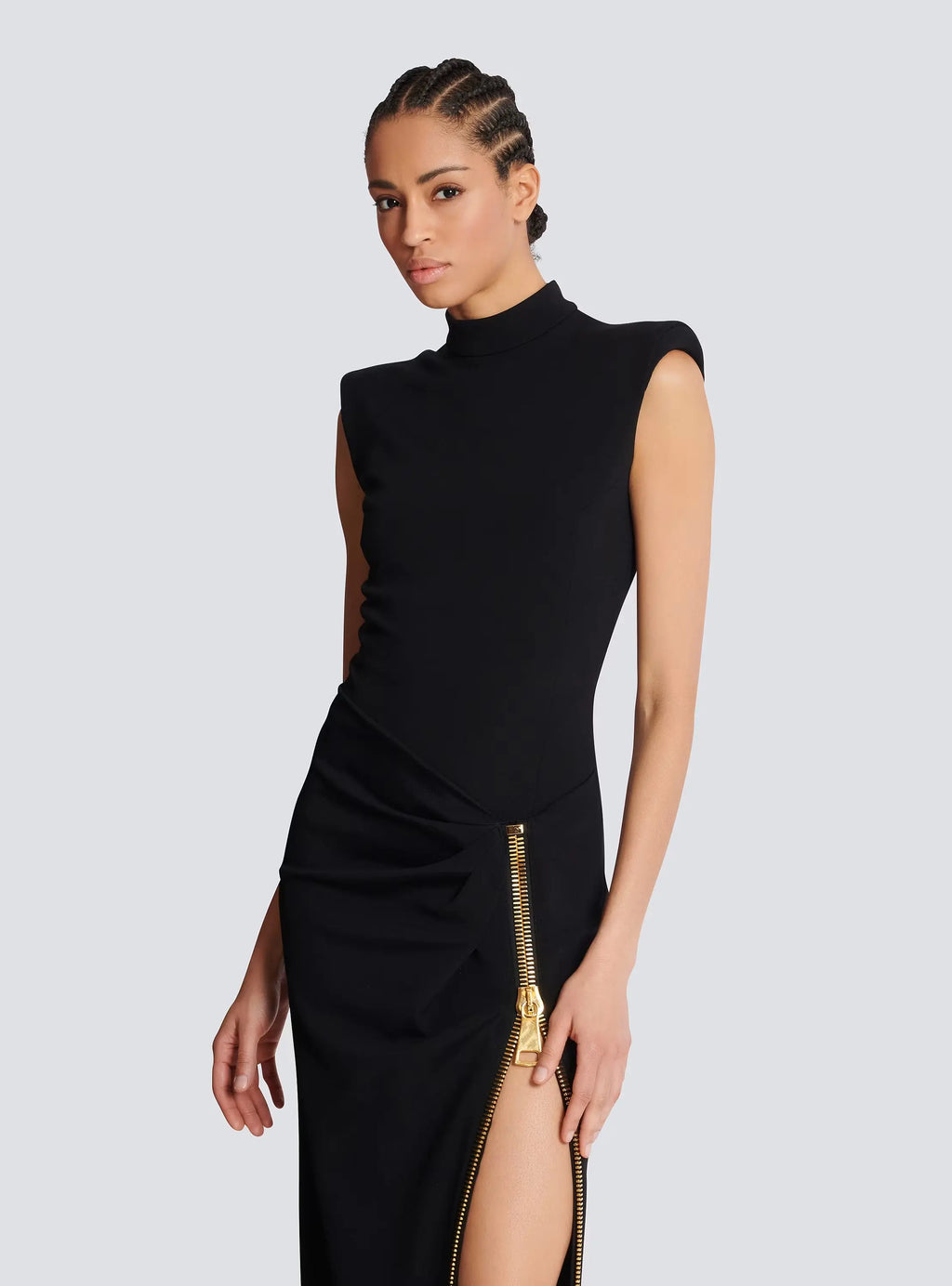 black Sleeveless Zipper high Slit Elastic jersey maxi Dress Avalabel