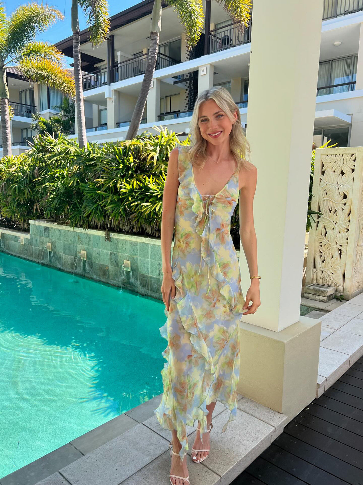 Cecilia Chiffon Ruffles Maxi Dress in Blue Avalabel