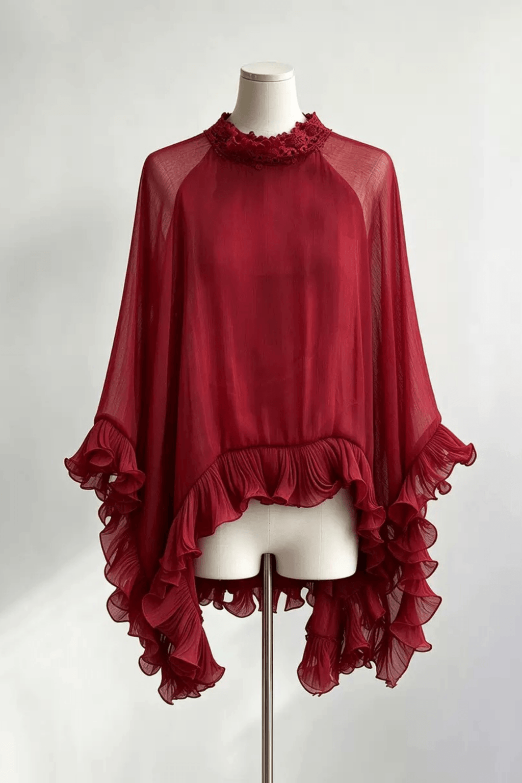 Aura Burgundy Floral Neck Ruffled Blouse Avalabel