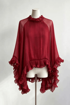 Aura Burgundy Floral Neck Ruffled Blouse Avalabel