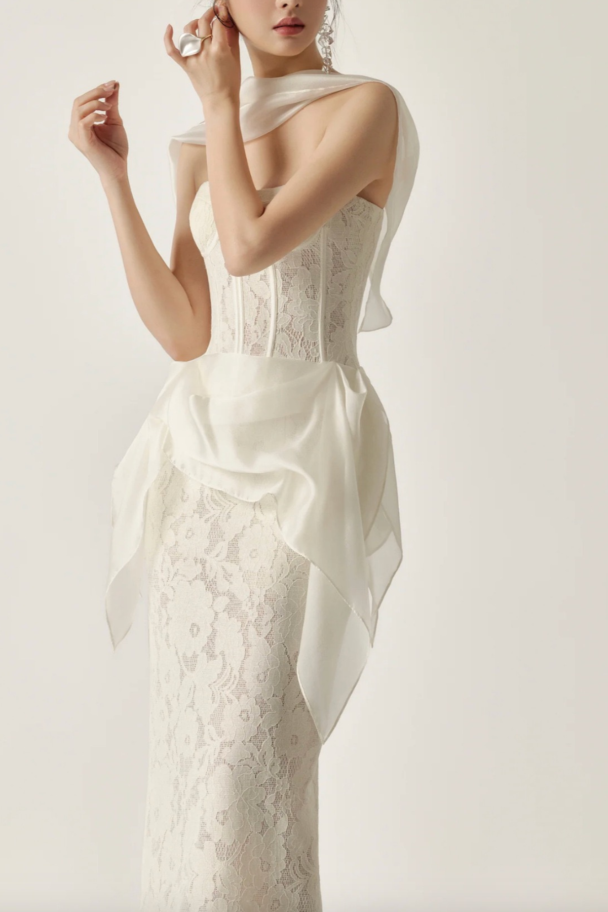 Rae White Lace Corset Midi Satin Sash Dress with Flowy Sash - Avalabel