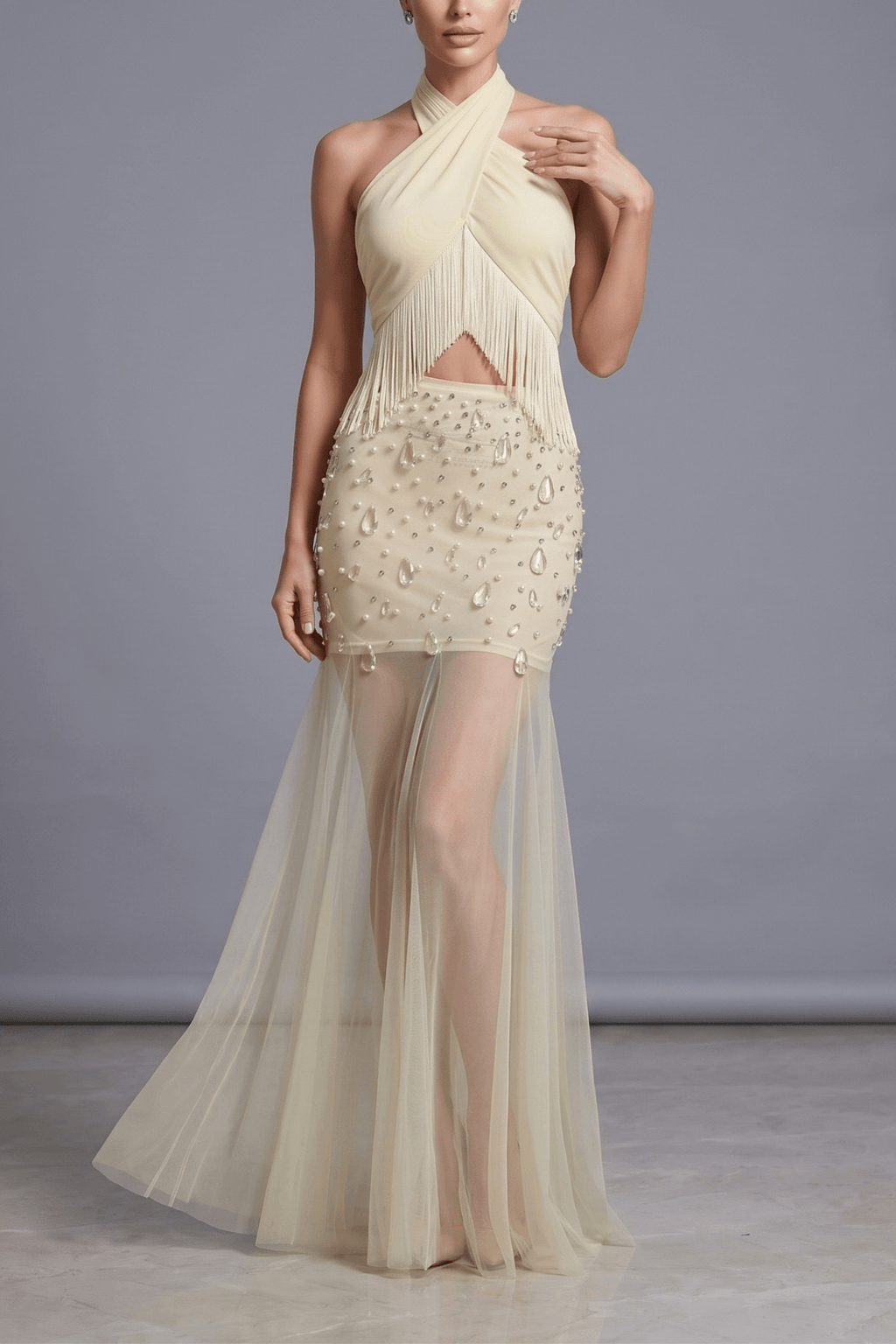 Fiona Halter Fringe Beaded Mesh Maxi Dress Avalabel