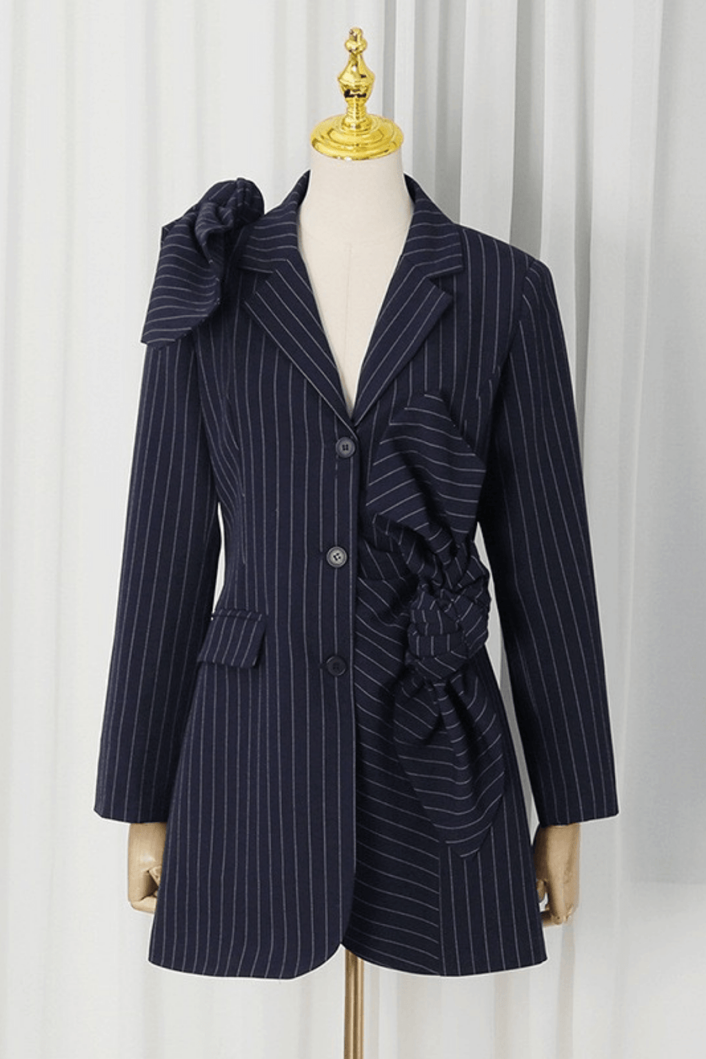 Aura Navy Pinstripe Bow Decor Blazer Avalabel